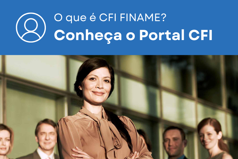 Essa imagem apresenta o texto: 'O que é CFI FINAME? Conheça o Portal CFI' e mostra uma mulher empoderada em frente à sua equipe, que está levemente desfocada ao fundo. A mulher, vestindo uma blusa marrom e com um leve sorriso, é a mesma figura vista ao fundo da tela de login do Portal CFI.